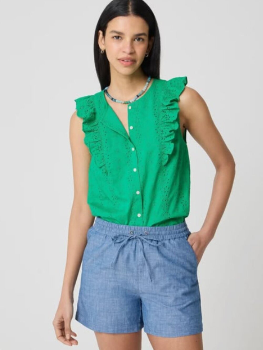 JCREW FACTORY NWT Eyelet flutter-sleeve top green